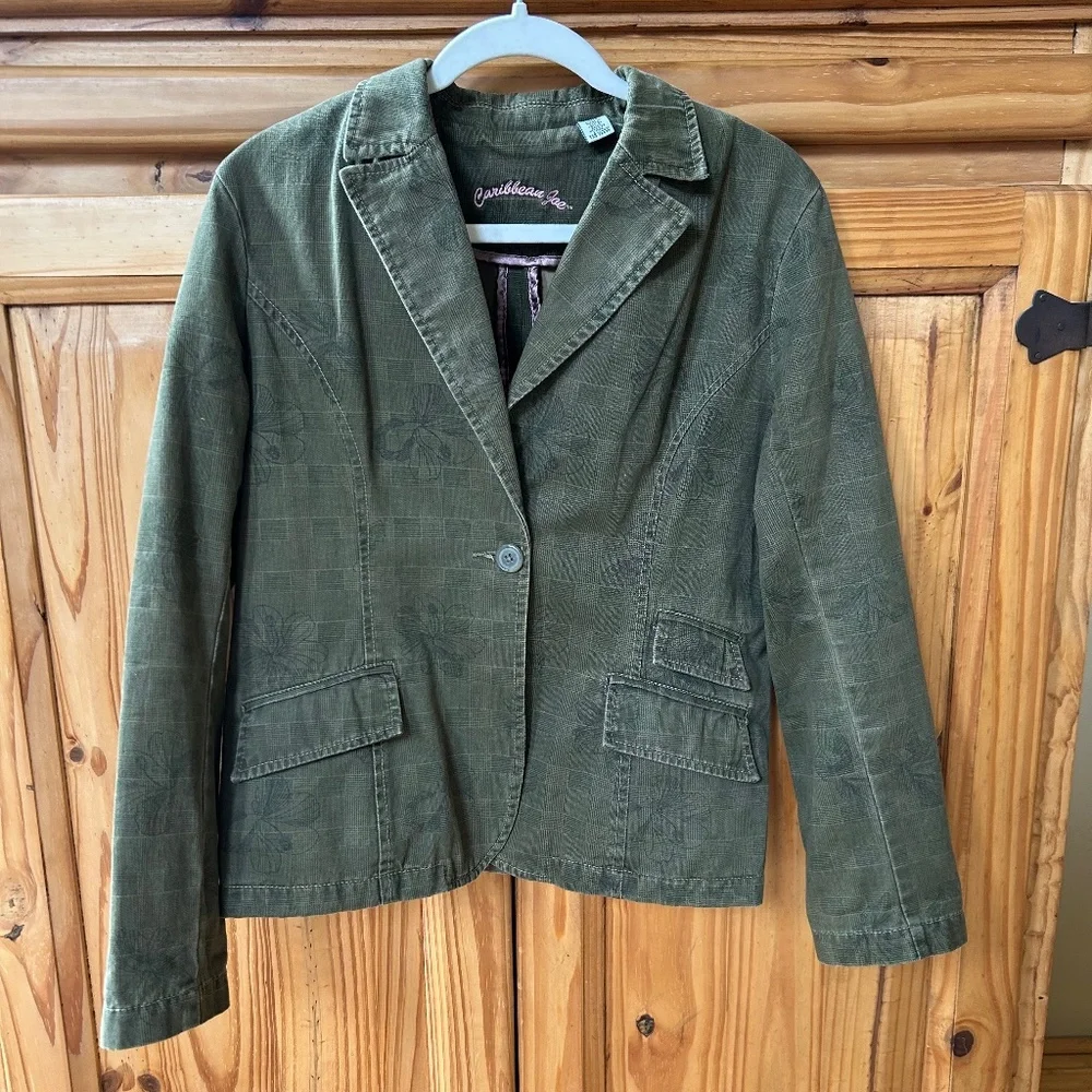 Caribbean Joe Jacket Army Green Floral‎ print 100% Cotton Women's Size 10